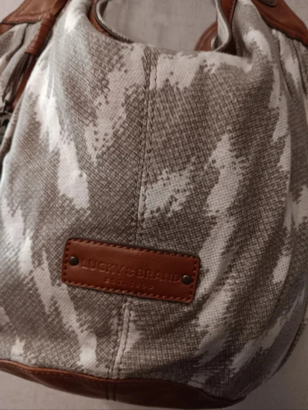 Vintage Lucky Brand Beige Canvas Hobo with Brown Leather Trim